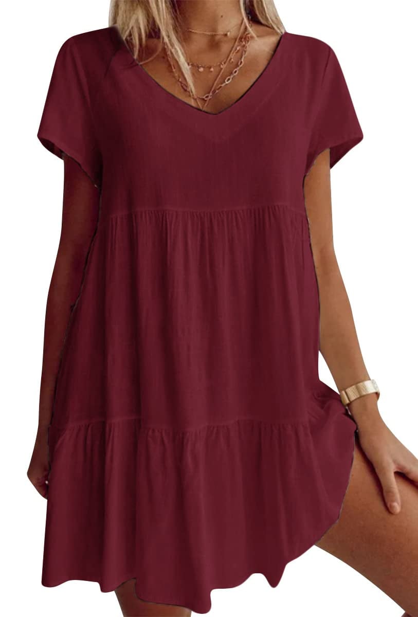 Plus Size Cotton-Blend V Neck Casual Short Sleeve Weaving Dress-tidenox