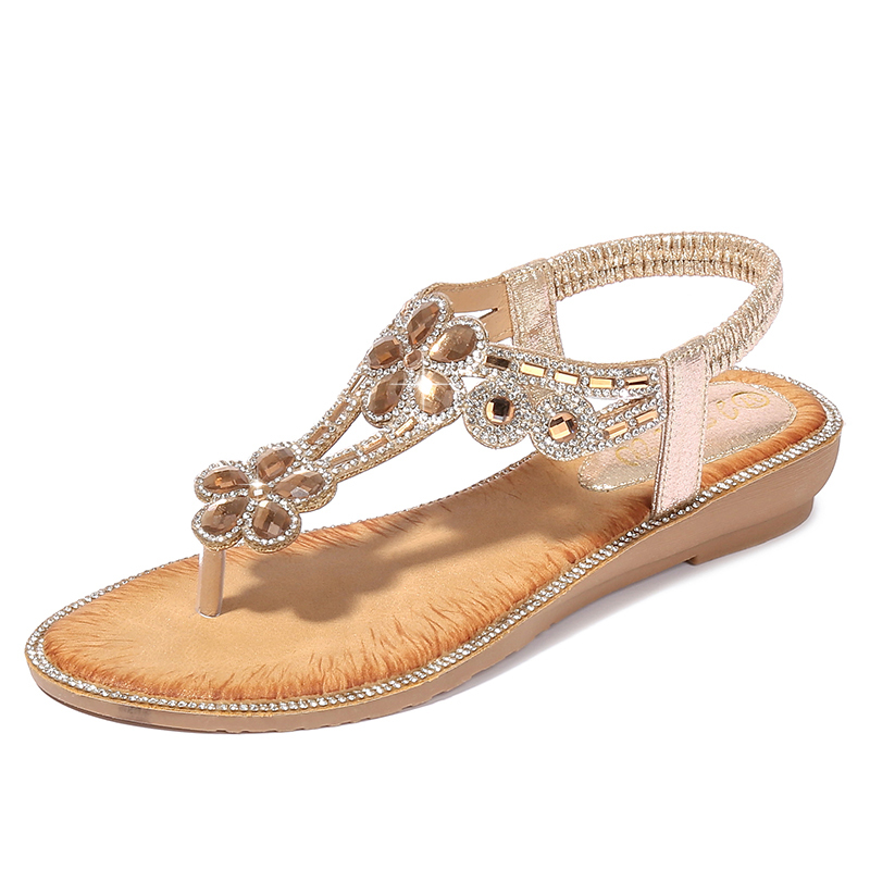 T-strap Flower Rhinestone Flats Sandals-tidenox