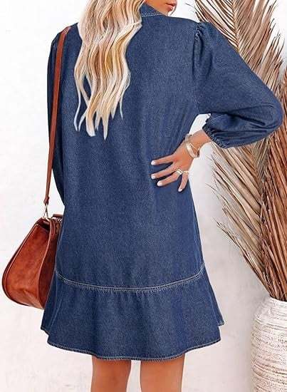 V-Neck Denim Dress — Where Comfort Meets Classic Style-tidenox
