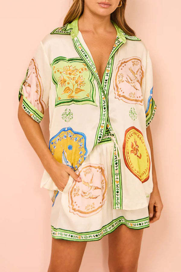 Tropical Escapes Satin Unique Print Shirt and Elastic Waist Pocketed Button Shorts Set-tidenox