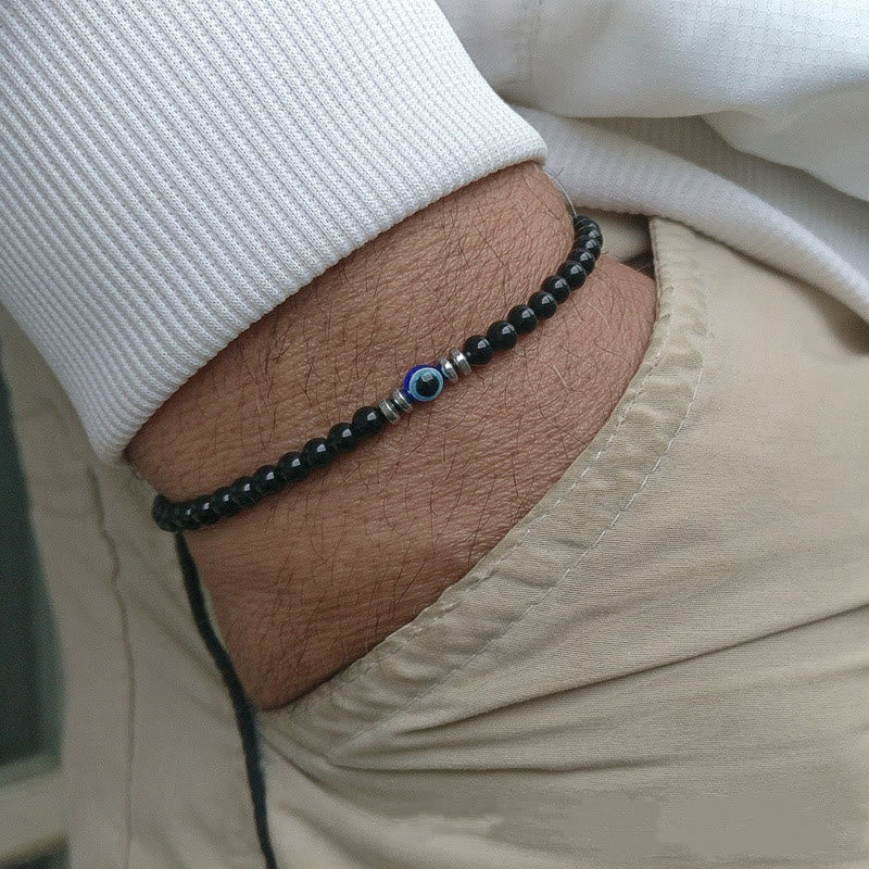 Men's 4mm Natural Stone Bracelet with Evil Eye Charm-tidenox