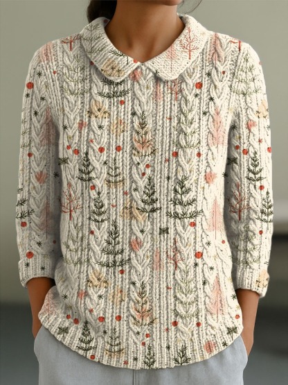 Women's Christmas Tree Art Print Buttoned Cardigan Sweater-tidenox