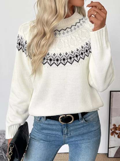 Fair Isle Pattern Crew Neck Sweater-tidenox