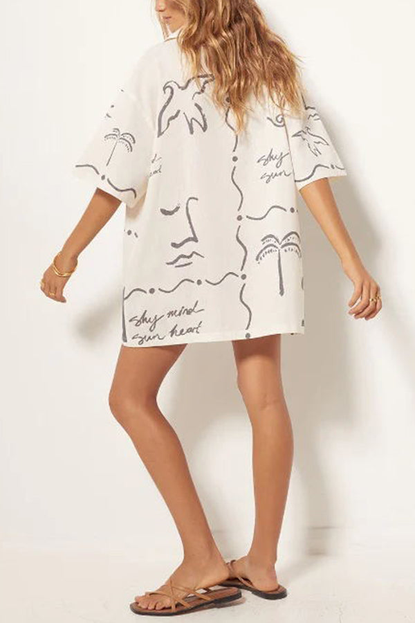 Free and True Linen Blend Hand-painted Print Blouse and Pocketed Shorts Set-tidenox