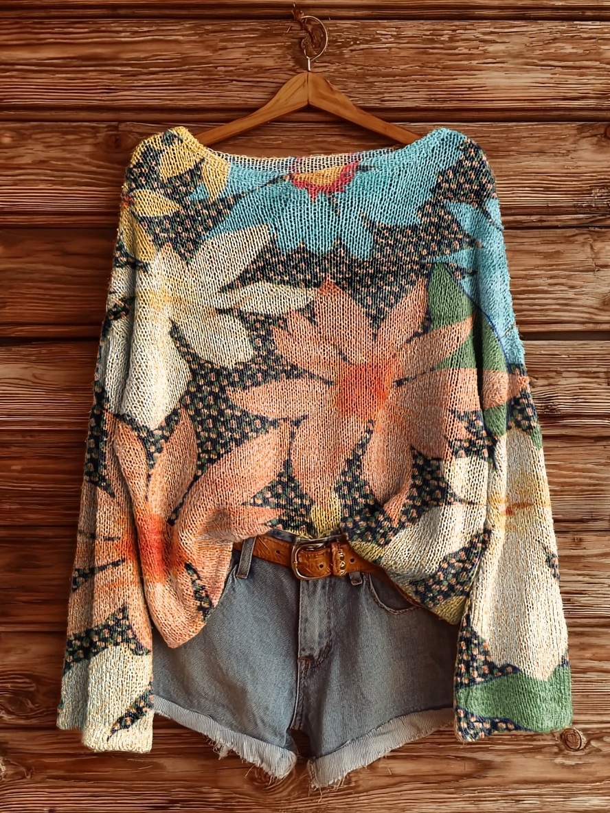 Women's Bohemian Floral Art Print Casual Pullover Sweater-tidenox