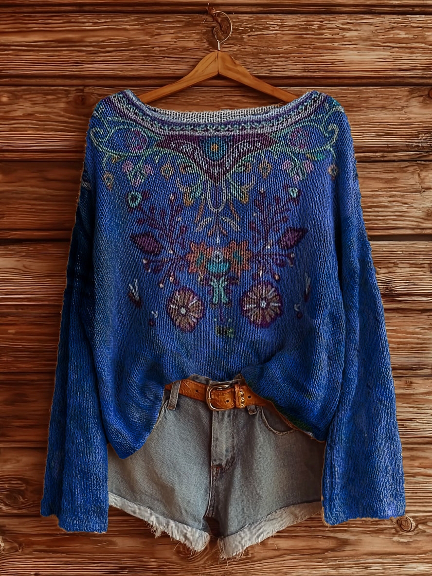 Women's Vintage Ethnic Floral Tattoo Pattern Art Print Casual Pullover Sweater-tidenox