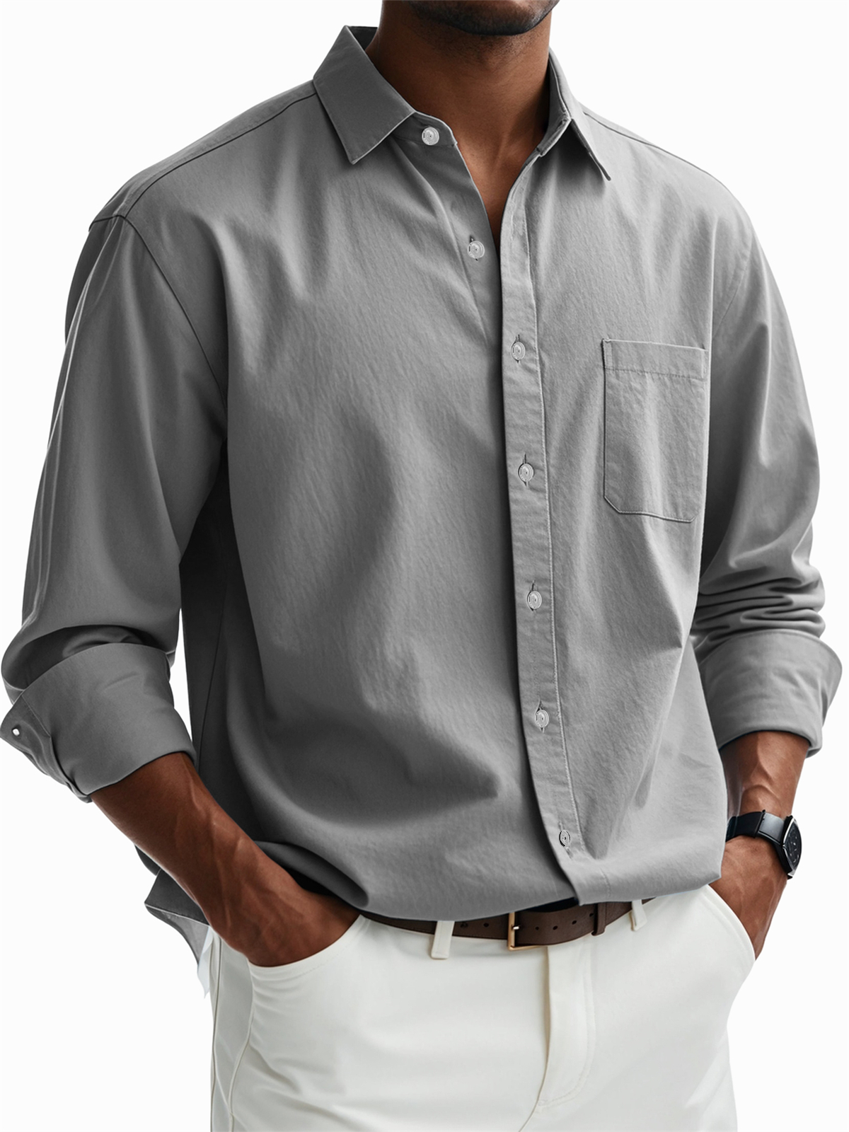 Men's Casual Cotton Pocket Basic Long Sleeve Shirt-tidenox