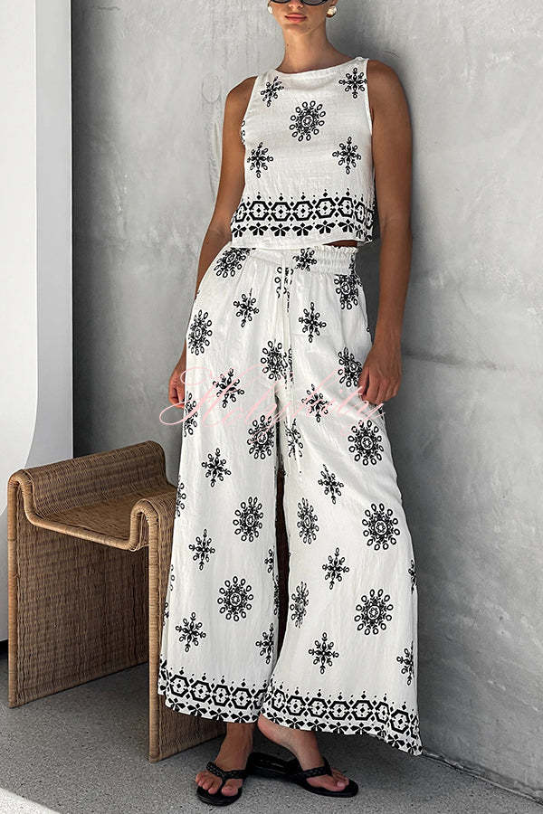 Unique Printed Round Neck Sleeveless Button Top and Elastic Waist Pocket Wide Leg Pants Set-tidenox