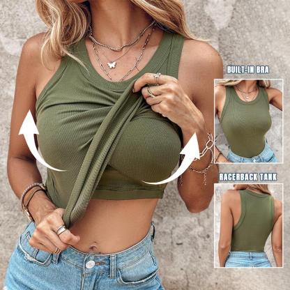 📢🔥Round Neck Built-in Bra Ribbed Tank Top Fit Casual Comfortable💥