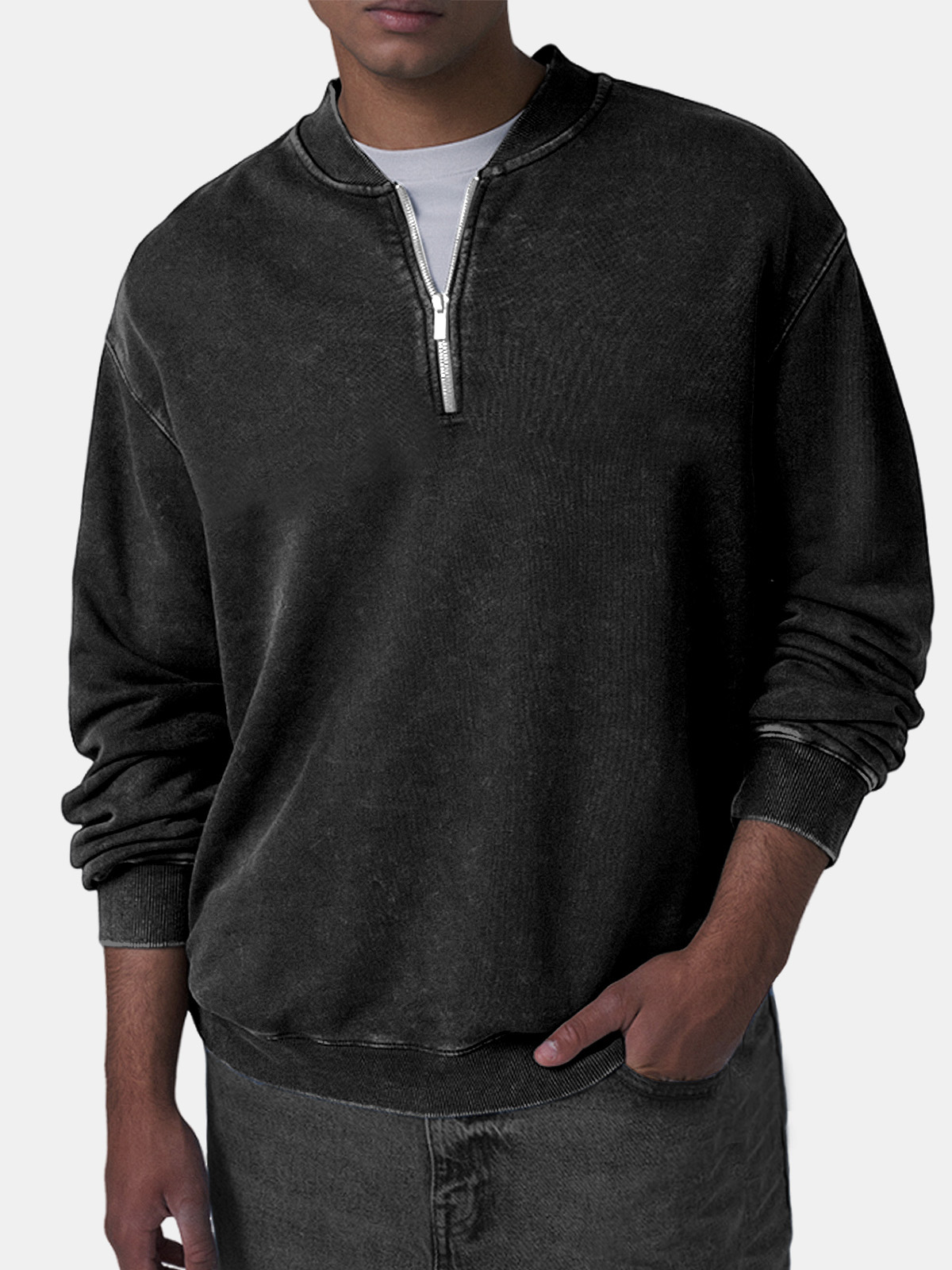 Men's Retro Casual Baseball Collar Zip Long Sleeve Top-tidenox