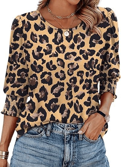 Hot Sale-Women Dressy Casual 3/4 Length Sleeve Blouses with Smocked Cuffs-tidenox