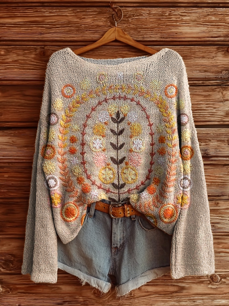 Women's Boho Vintage Floral Art Pattern Print Casual Pullover Sweater-tidenox