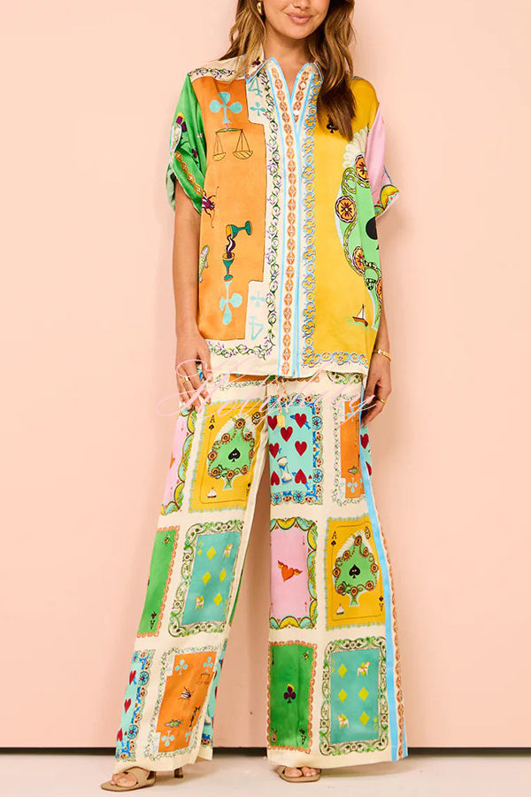 Funny Poker Summer Satin Unique Print Elastic Waist Pocketed Wide Leg Pants-tidenox