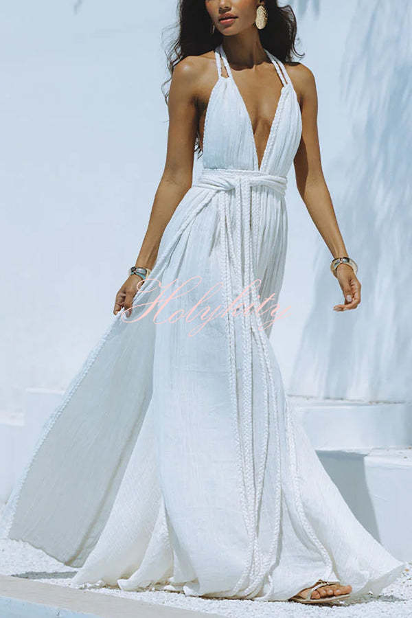 Summer Whispers Linen Blend Draped Braids Deep V-neck Halter Backless Cover Up Maxi Dress-tidenox