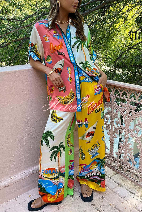 Kissed By The Sun Satin Unique Print Colorblock Elastic Waist Pocketed Wide Leg Pants-tidenox