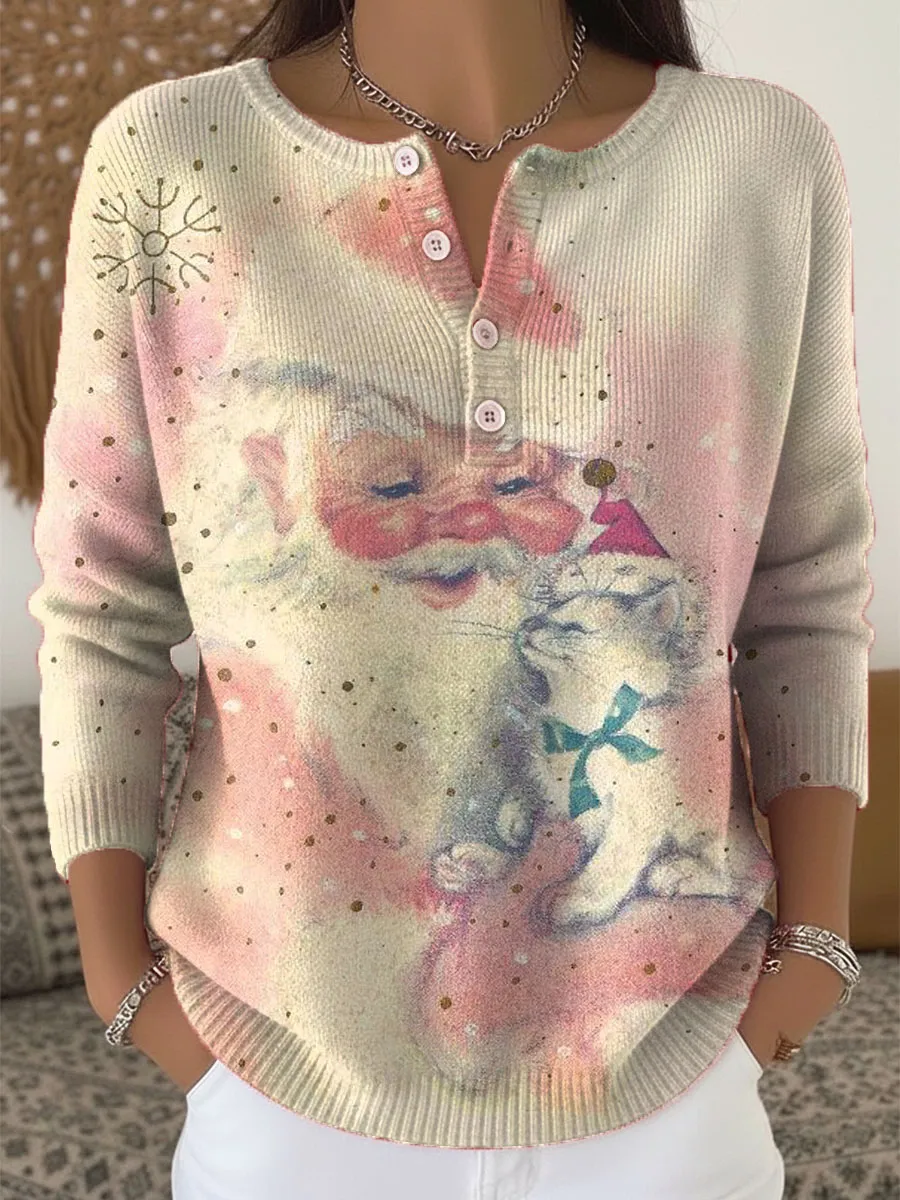 Women's Christmas Tree Art Print Buttoned Cardigan Sweater