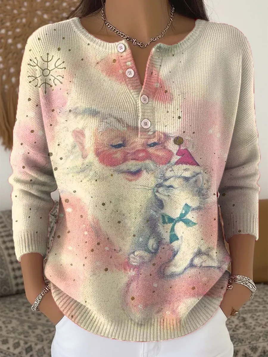 Women's Christmas Tree Art Print Buttoned Cardigan Sweater