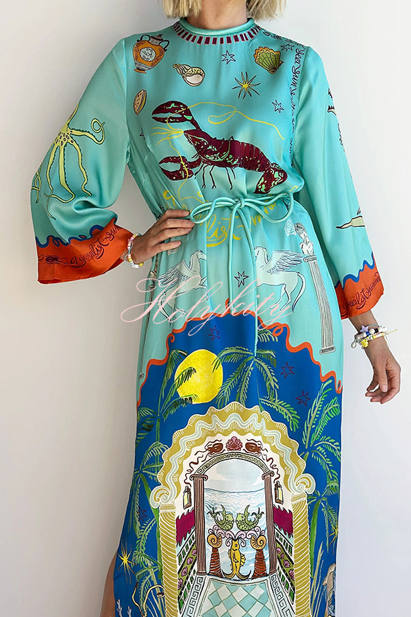 Satin Unique Print Long-sleeve Tie-waist Slit Maxi Dress-tidenox