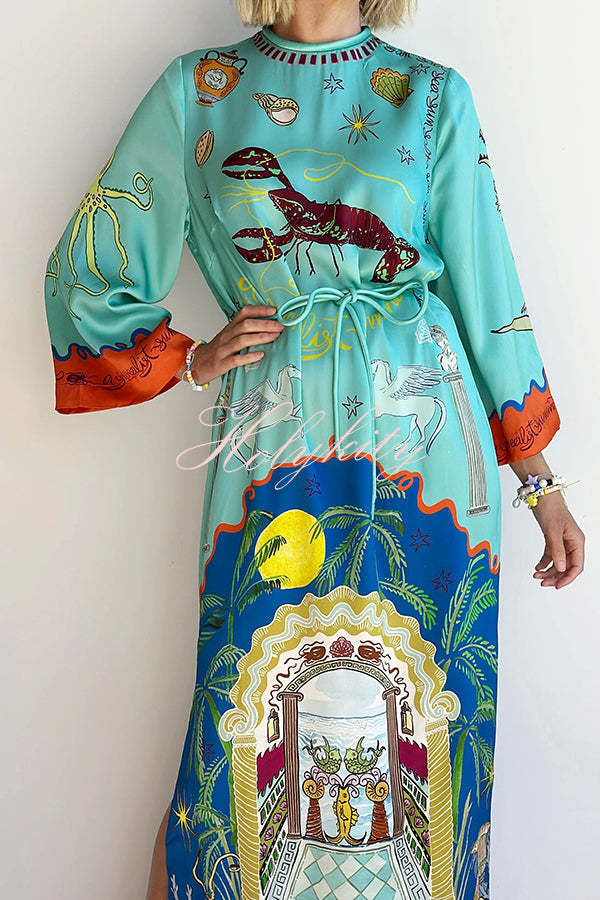 Satin Unique Print Long-sleeve Tie-waist Slit Maxi Dress-tidenox
