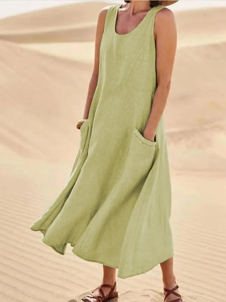 🔥Women's Sleeveless Cotton And Linen Dress-tidenox