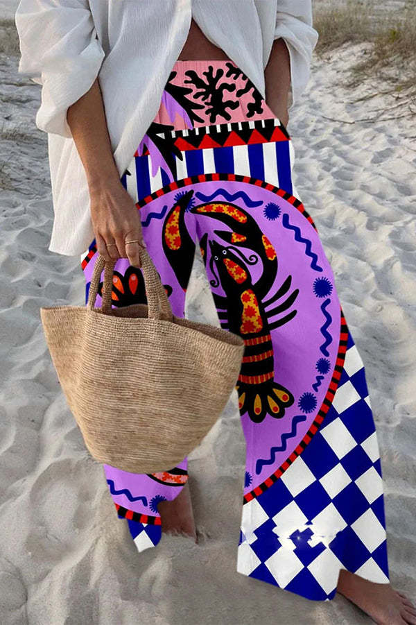 Unique Marine Print Elastic Waist Loose Pocket Pants-tidenox