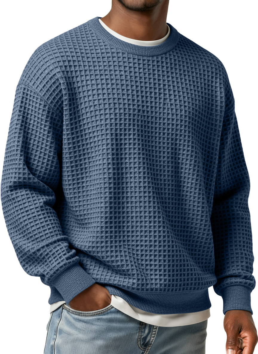 Men's Simple Waffle Round Neck Loose Casual Long-sleeved T-shirt-tidenox