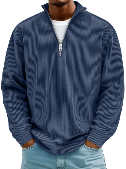 Men's Simple Casual Ribbed Stand Collar Zipper Long Sleeve T-shirt-tidenox