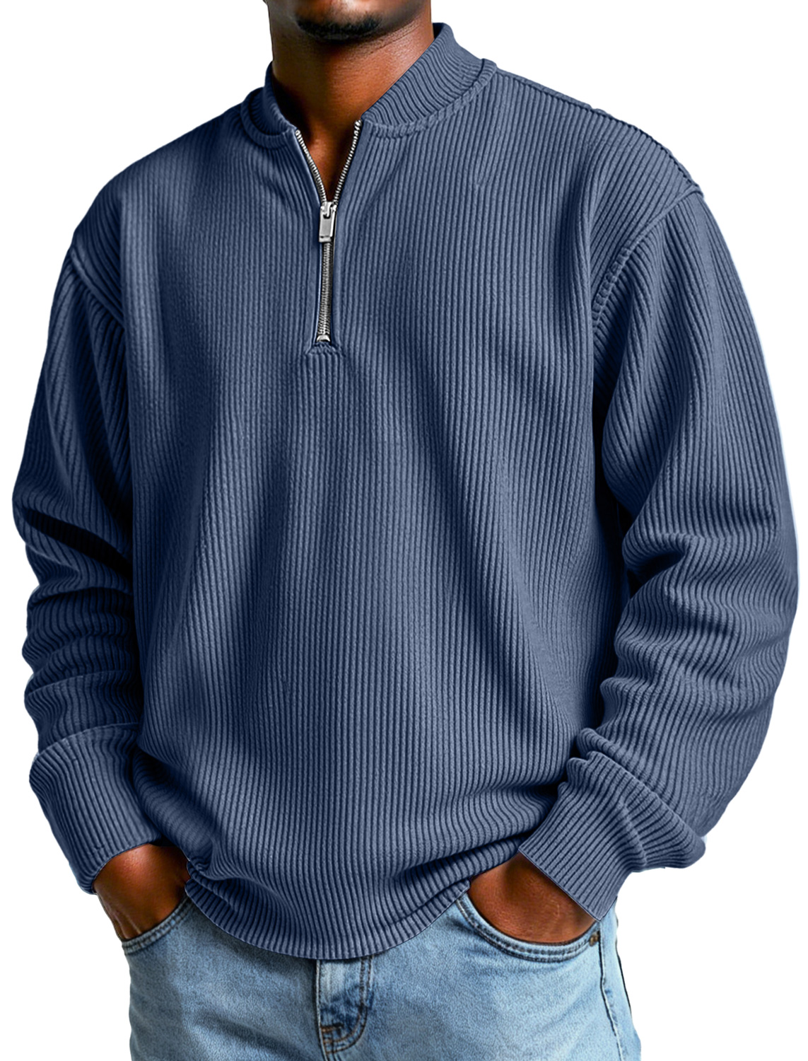 Men's Daily Simple Ribbed Baseball Collar Zipper Casual Long-sleeved T-shirt-tidenox