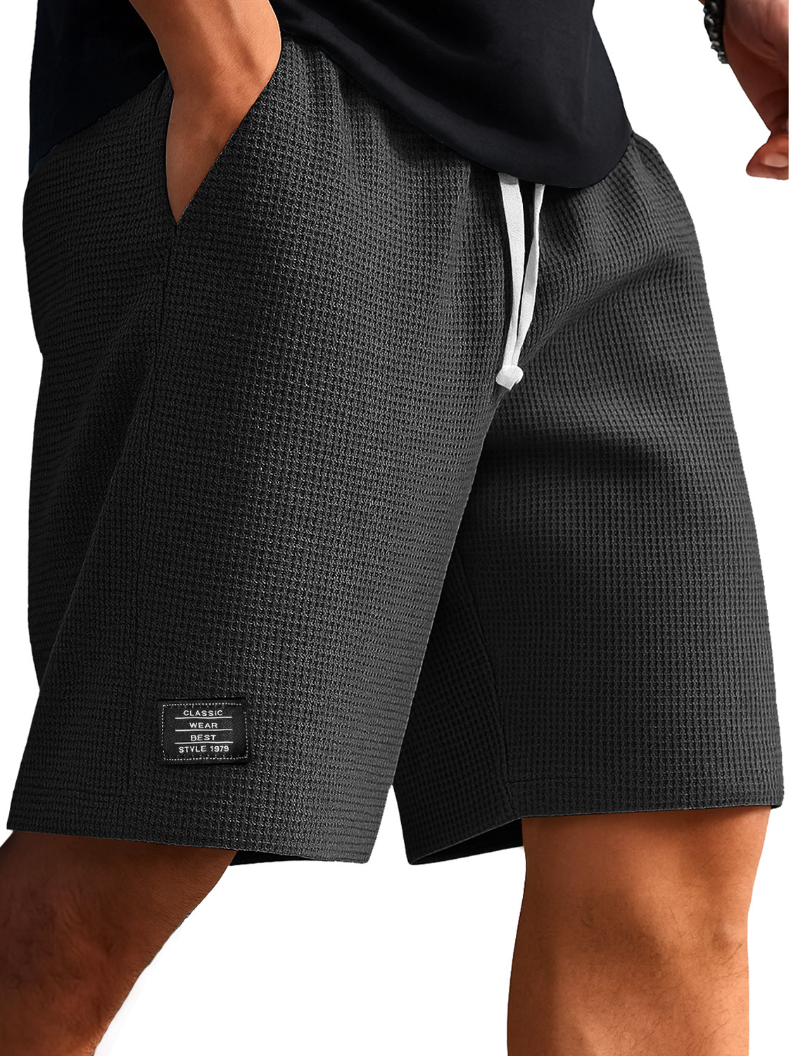 Men's Everyday Waffle Embroidered Logo Casual Solid Shorts-tidenox