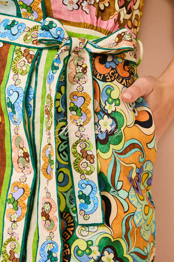 Sasha Linen Blend Unique Printed Shirt Style Tie-waist Mini Dress-tidenox