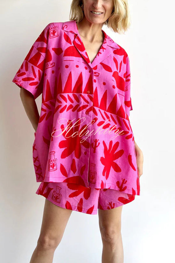 Altos Unique Printed Pocket Shirt and Elastic Waist Shorts Set-tidenox