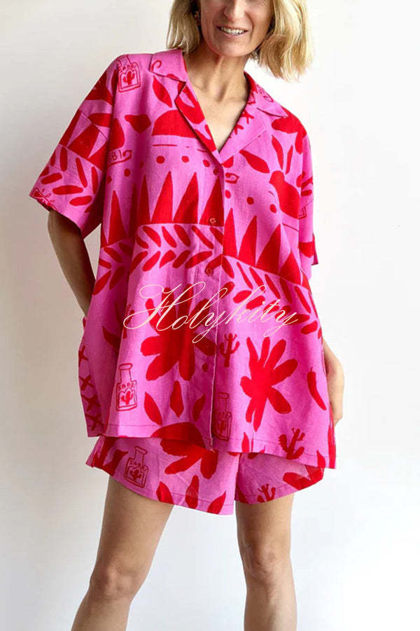 Altos Unique Printed Pocket Shirt and Elastic Waist Shorts Set-tidenox