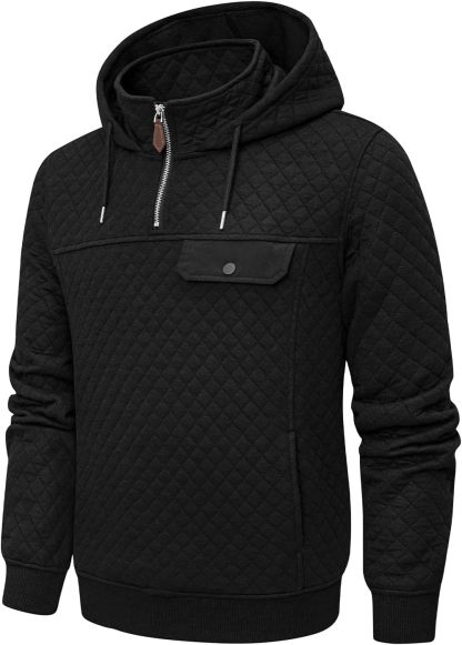 Men's Quilted Hoodies Casual Long Sleeve Quarter-Zip Pullover Sweatshirt with Pockets-tidenox