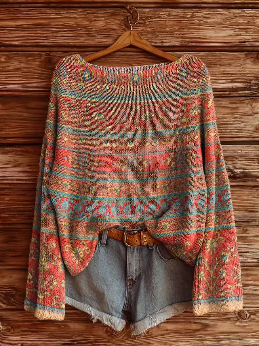 Women's Vintage Ethnic Floral Collage Art Print Casual Pullover Sweater-tidenox