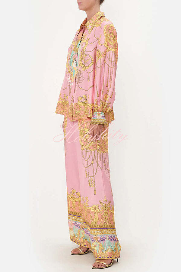 Mermaid Motel Unique Print Long Sleeve Loose Shirt and Elastic Waist Pants Set-tidenox