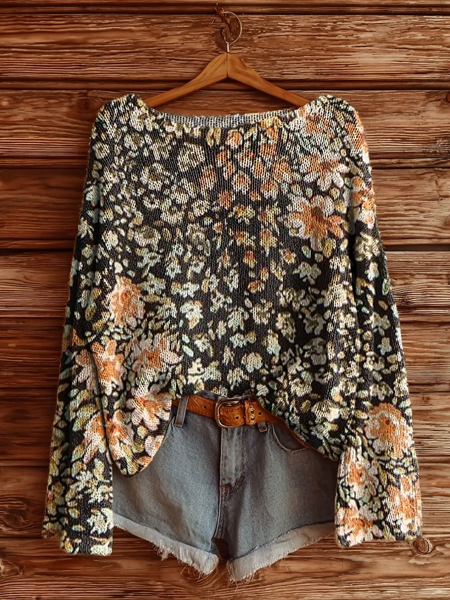 Women's Retro Flowers Print Casual Pullover Sweater-tidenox