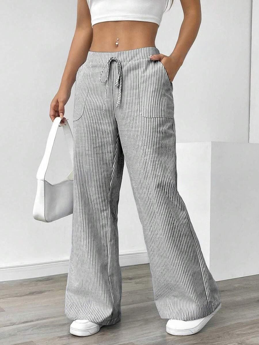 Striped Pants Women Baggy Drawstring Wide Leg Lounge Pants w/Pockets Loose
