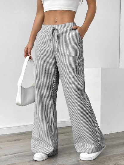 Striped Pants Women Baggy Drawstring Wide Leg Lounge Pants w/Pockets Loose