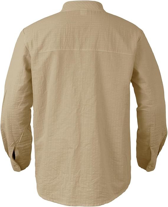 Linen Button Down Shirt Men,Long Sleeve Casual Banded Collar Striped Shirts -tidenox