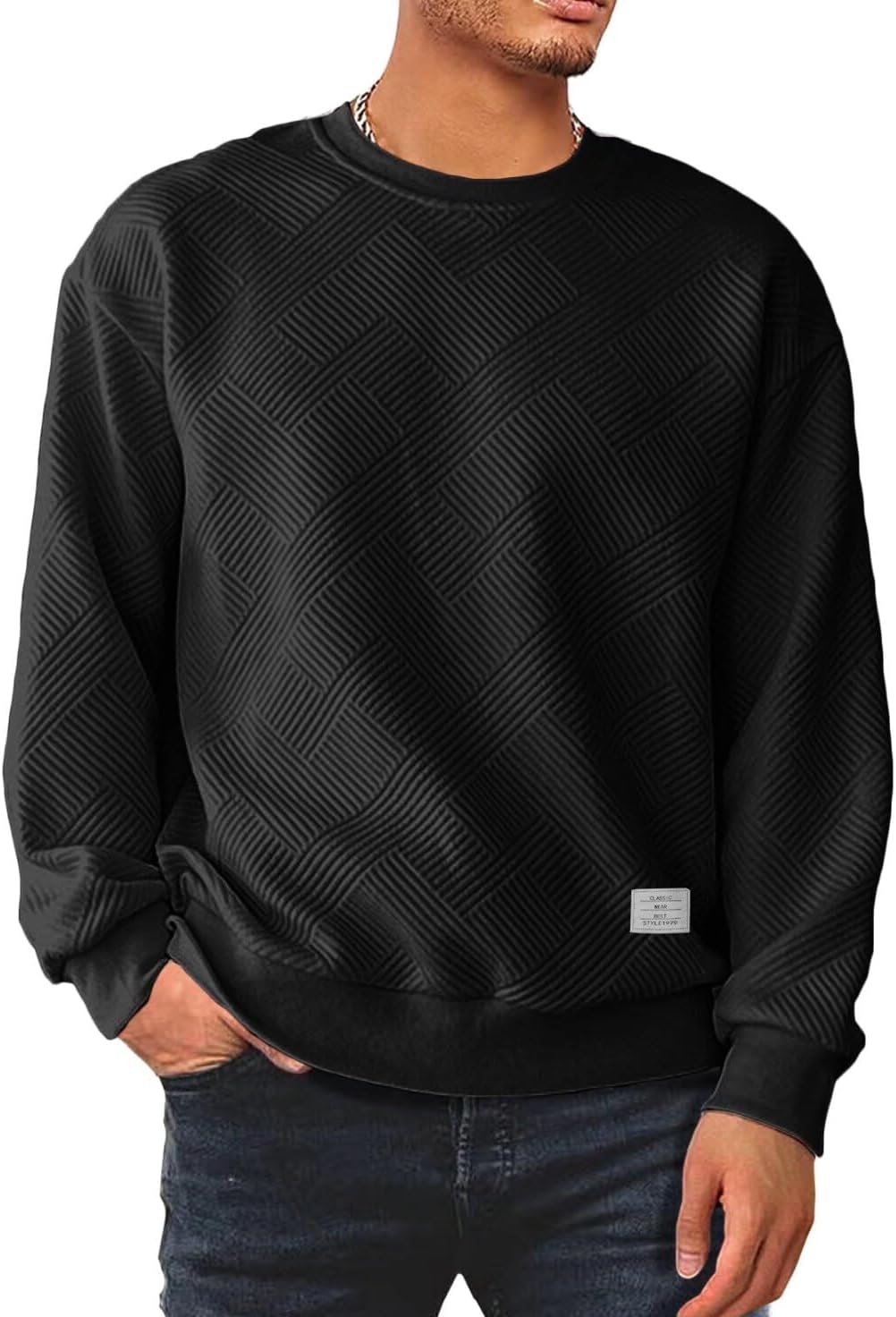 Men's Crewneck Sweatshirts Soild Color Geometric Texture Long Sleeve Casual Pullover Shirt-tidenox