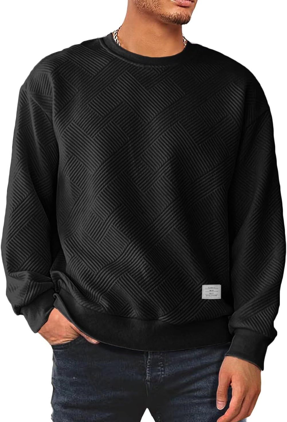 Men's Crewneck Sweatshirts Soild Color Geometric Texture Long Sleeve Casual Pullover Shirt-tidenox