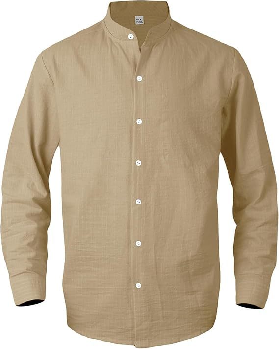Linen Button Down Shirt Men,Long Sleeve Casual Banded Collar Striped Shirts -tidenox