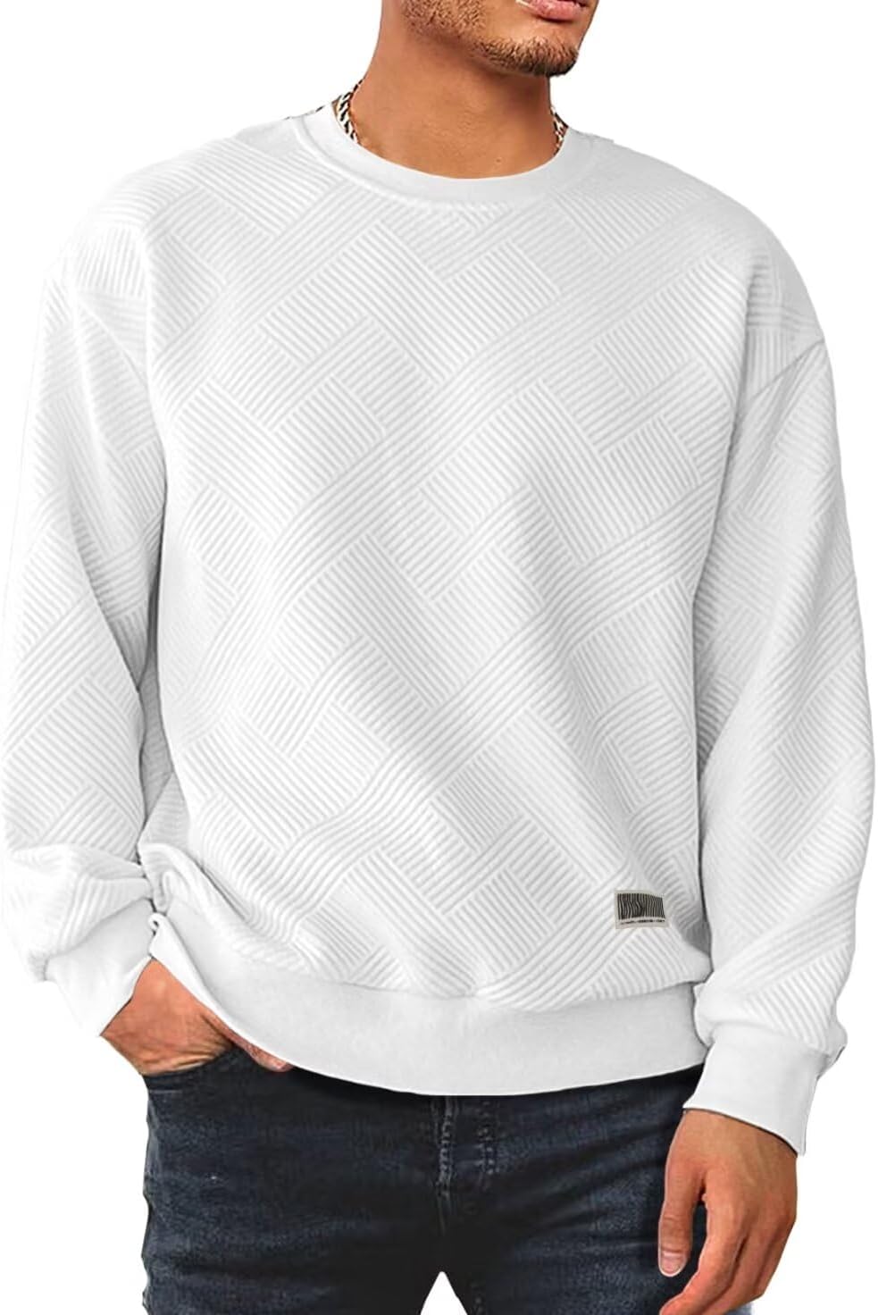 Men's Crewneck Sweatshirts Soild Color Geometric Texture Long Sleeve Casual Pullover Shirt-tidenox