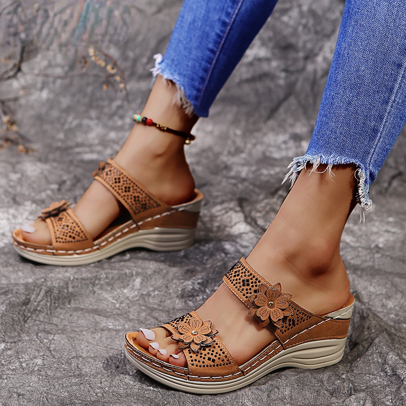 Women Casual Shoes Vintage Flower Fish Mouth Sandals-tidenox