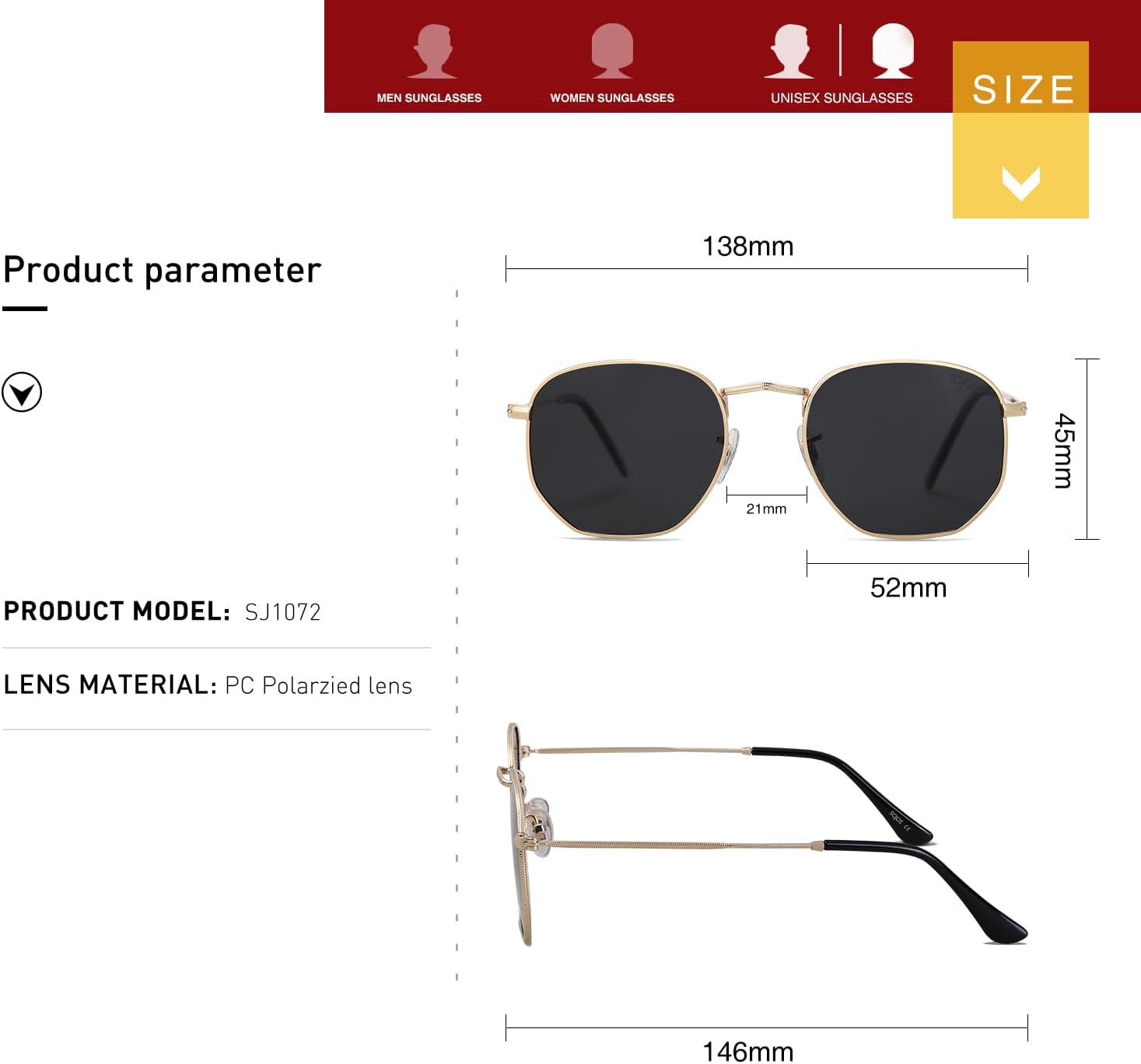 SOJOS Square Polarized Sunglasses for Women Men Small Hexagonal Polygon Shades SJ1072-tidenox