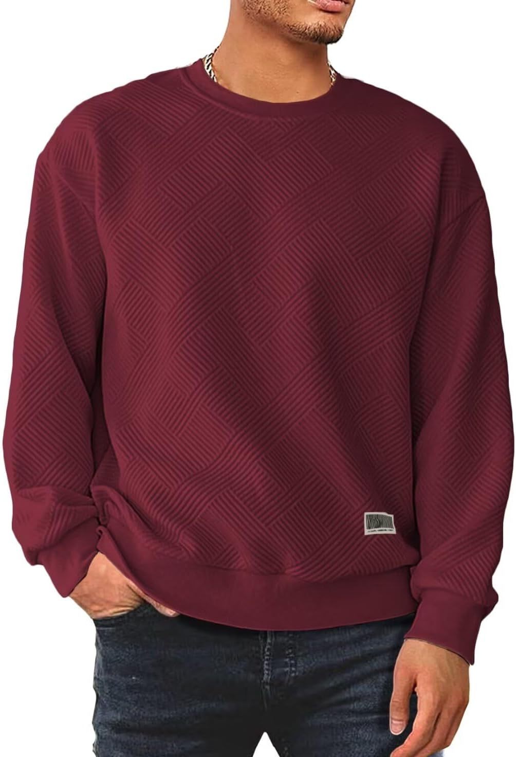 Men's Crewneck Sweatshirts Soild Color Geometric Texture Long Sleeve Casual Pullover Shirt-tidenox