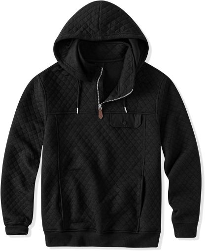 Men's Quilted Hoodies Casual Long Sleeve Quarter-Zip Pullover Sweatshirt with Pockets-tidenox