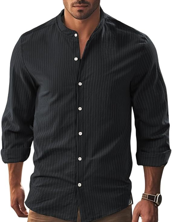 Linen Button Down Shirt Men,Long Sleeve Casual Banded Collar Striped Shirts -tidenox