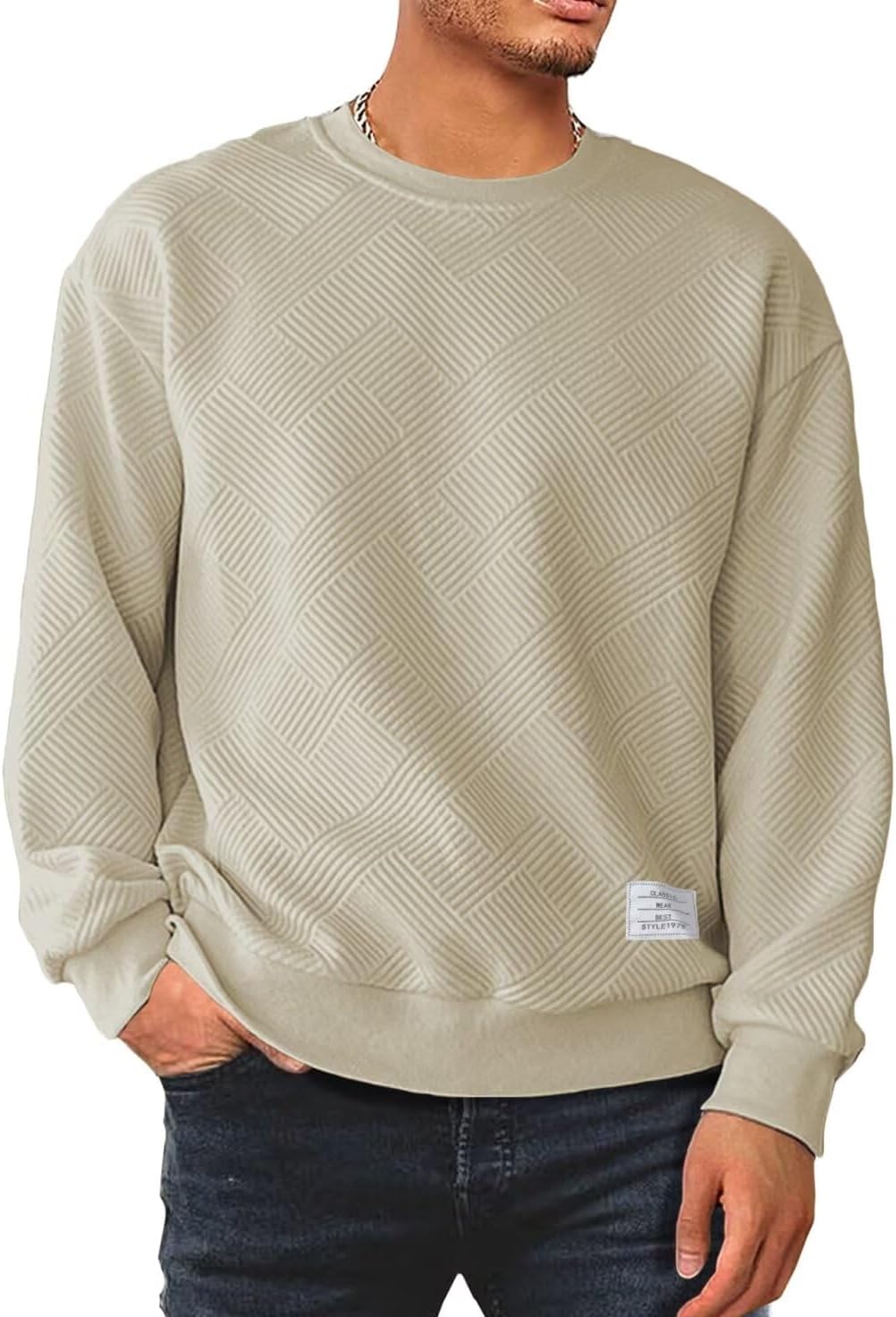 Men's Crewneck Sweatshirts Soild Color Geometric Texture Long Sleeve Casual Pullover Shirt-tidenox