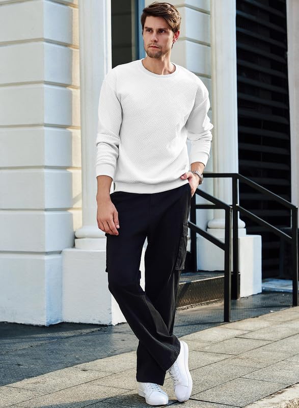 Men's Crewneck Sweatshirts Soild Color Geometric Texture Long Sleeve Casual Pullover Shirt-tidenox